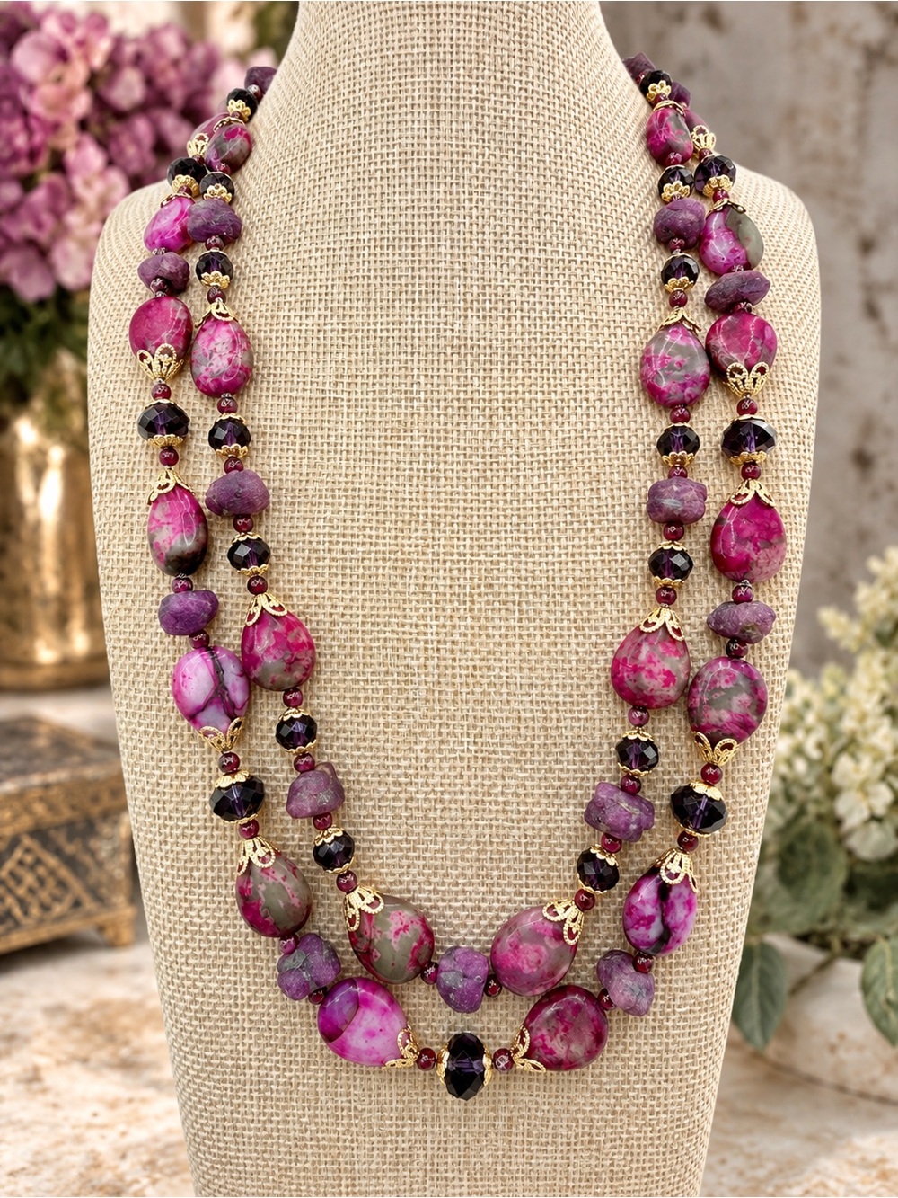 Artisan Handknotted Crazy Lace Agate Garnet Crystal Double Strand Necklace 20-22